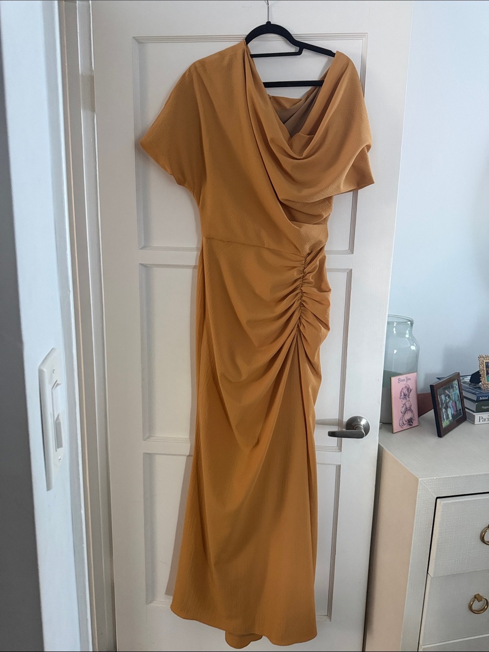 Amsale Mustard Draped Cowl Maxi Dress with Side Ruching